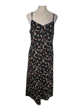 Vintage Ditsy Floral Slip Midi Dress Ruched Neckline Size Medium to Large Black